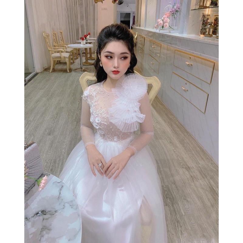 Đầm Xoè Công Chúa Phối Hoa Nổi Và Cườm - MS133Y mm đi chơi dự tiệc đám cưới, du lịch MM