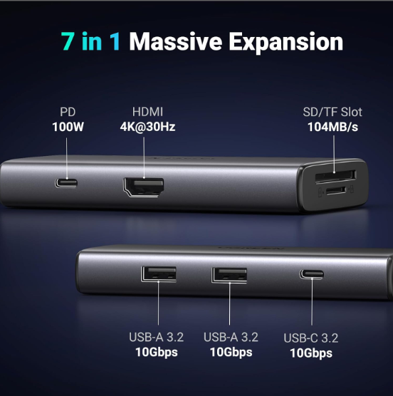 Bộ Chuyển Đổi Tín Hiệu Hub USB-C 7 trong 1 Ugreen 15531 sang HDMI + USB-C + 2 x USB-A + USB-C PD100W +  SD/TF - Hàng chính hãng