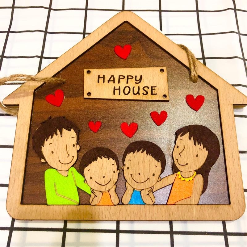 Bảng gỗ hình ngôi nhà gia đình Happy house tặng kèm móc dán treo phòng ngủ xinh xắn