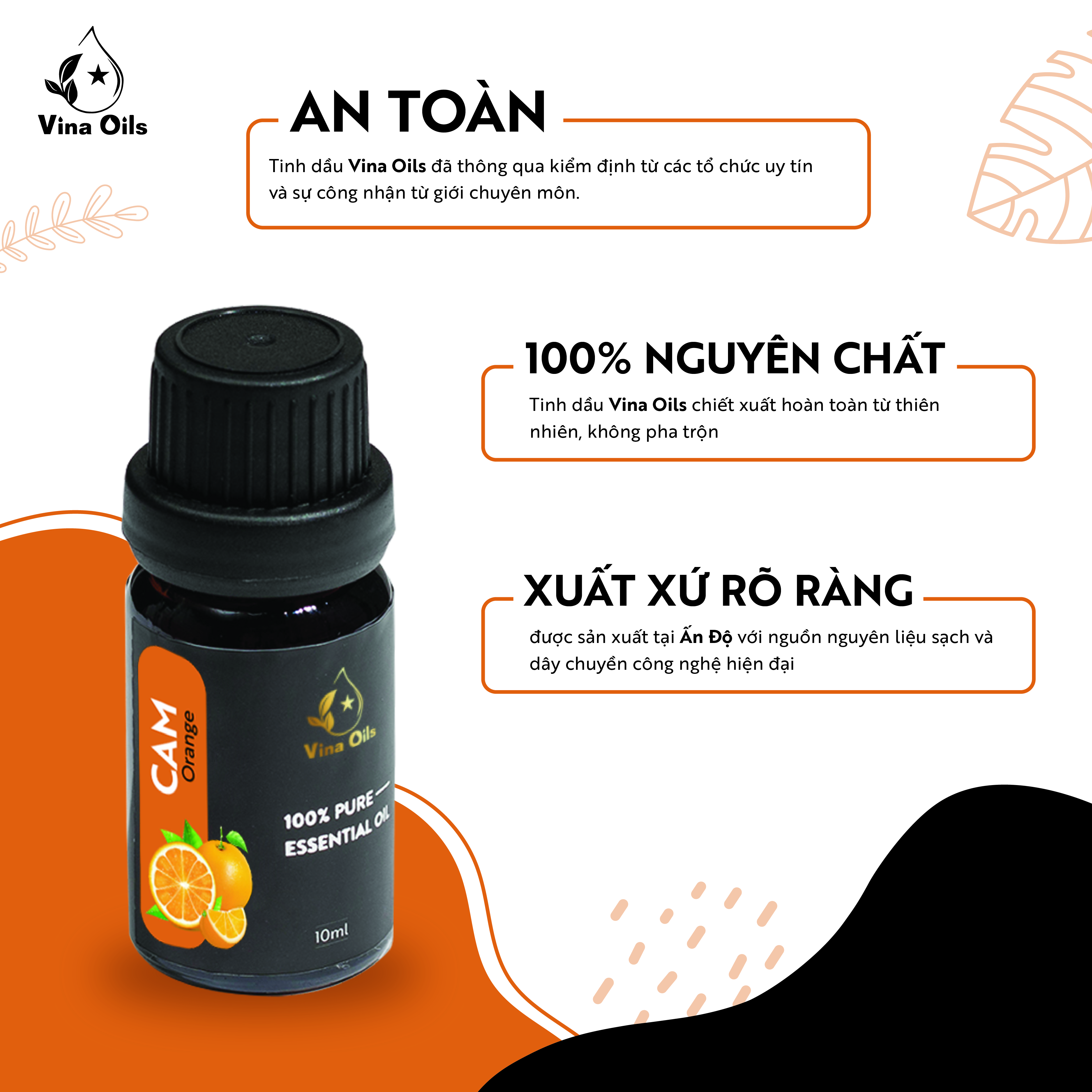 Tinh Dầu Cam Vina Oils 10ml - Sweet Orange Essential Oil 10ml - Chiết Xuất Từ Vỏ Bằng Phương Pháp Ép Lạnh - Mang Hương Thơm Ngọt Ngào Tươi Mát, Giúp Giảm Mọi Căng Thẳng, Làm Đẹp Da Và Kích Thích Ăn Ngon Miệng