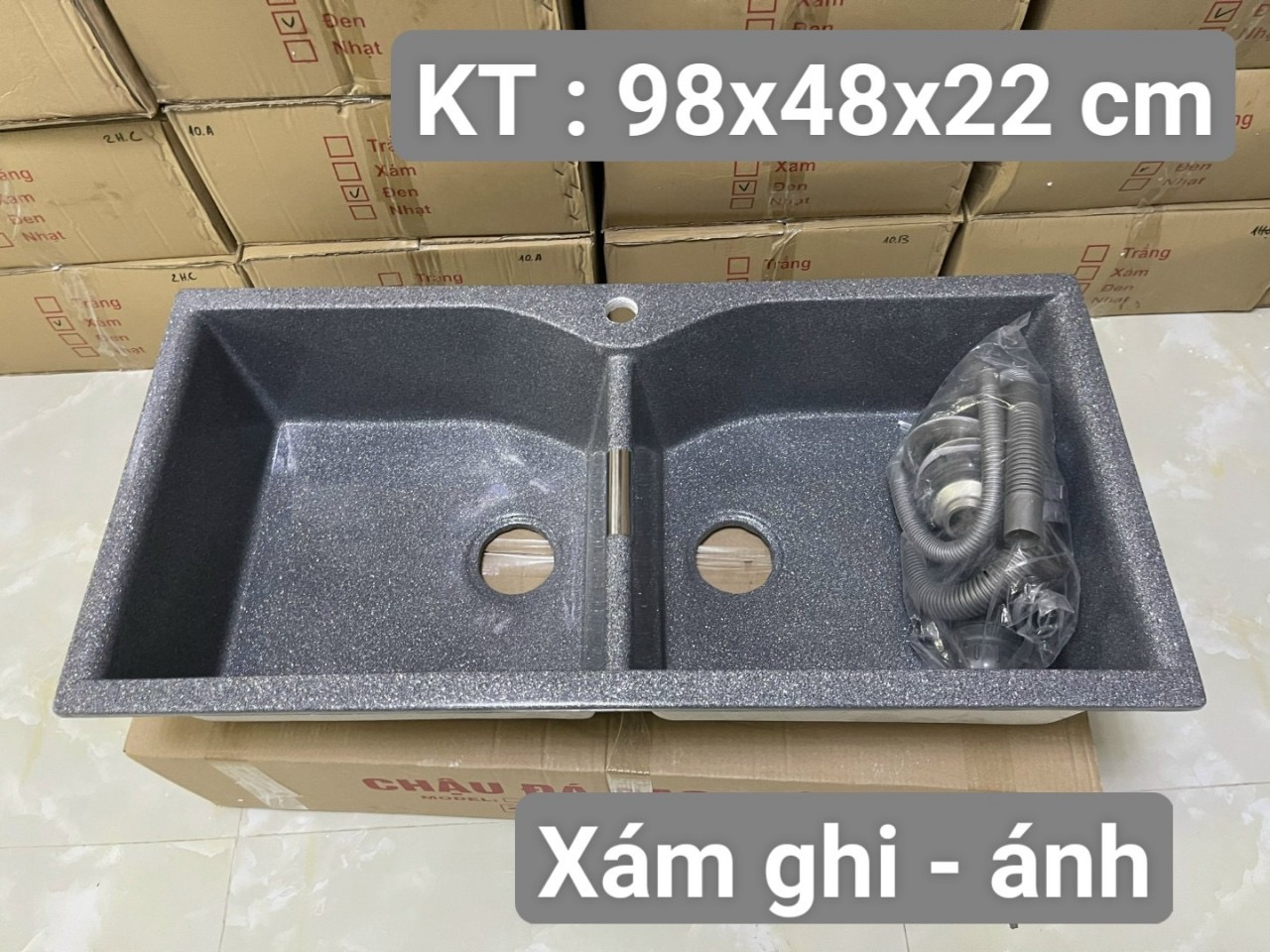 Chậu rửa chén đá nhân tạo xám ghi ( tặng kèm bộ xả xiphong) 