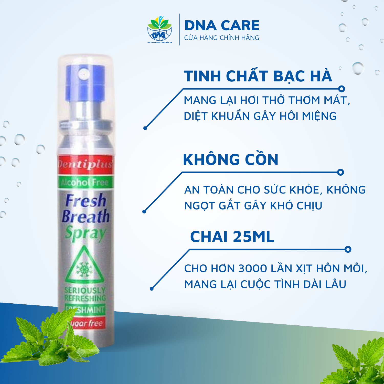 Xịt thơm miệng hương bạc hà Dentiplus không cồn chai 25ml