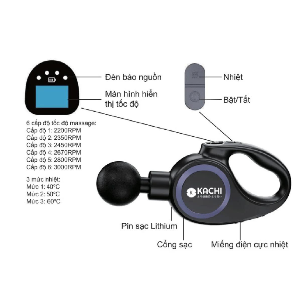 Súng massage Kachi MK353 Pro 6 đầu massage kèm đai rung