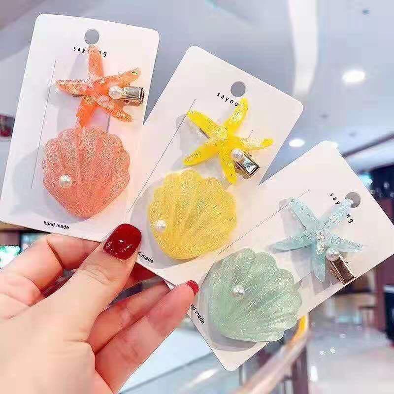 Kẹp tóc, Set kẹp tóc mini hình sao biển - vỏ sò kết ngọc kiểu dáng xinh xắn, màu sắc kẹo ngọt, phong cách Hàn Quốc