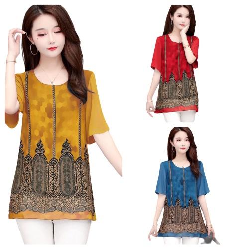 Áo Trung Niên Cho Mẹ, Mẫu Áo Kiểu Tay Ngắn Cổ Tròn Họa Tiết Thổ Cẩm Đẹp Trang Nhã | Thời Trang Trung Niên