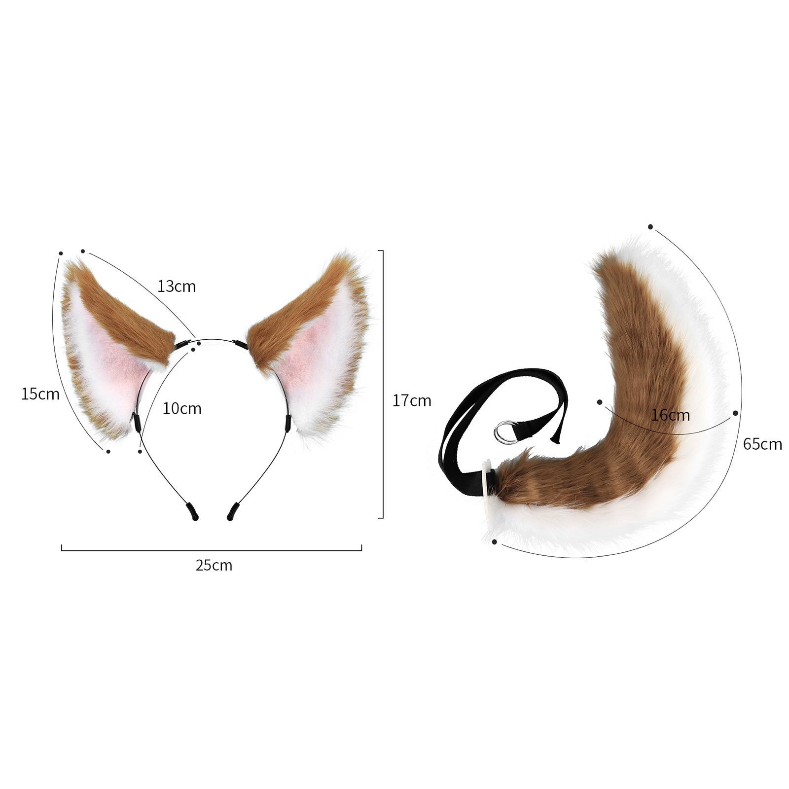 Ears and Long Tail Set Hair Hoop Cosplay Cat Ear Plush Wolf Ears Handmade Headdress Headwear for Performance Christmas Prom Party Adults