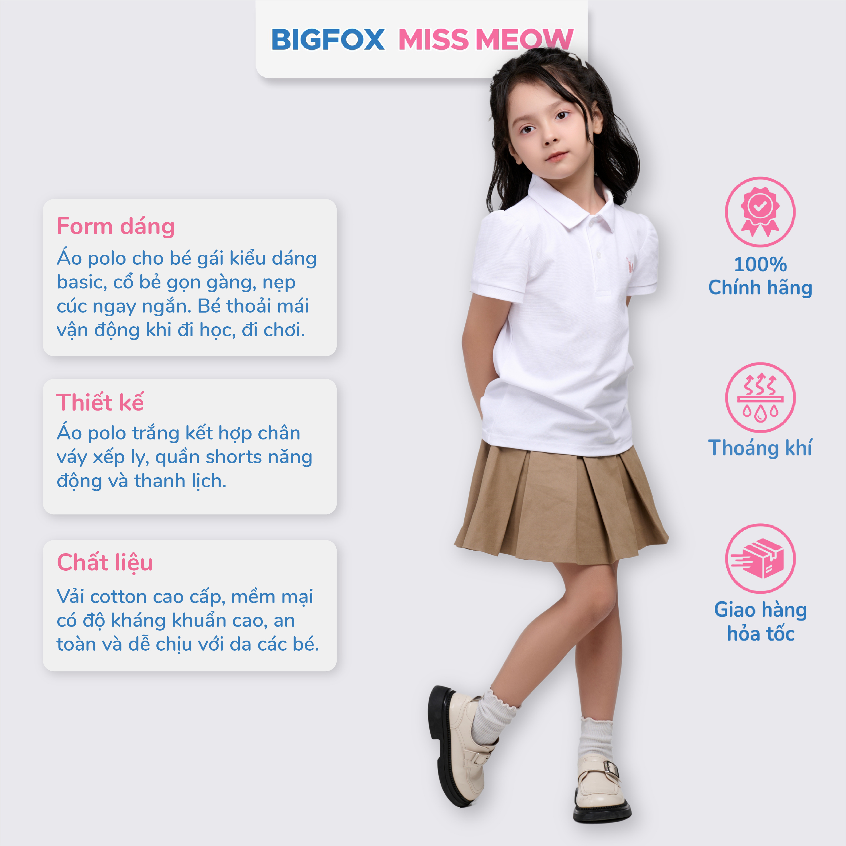 Áo polo bé gái Bigfox Miss Meow mùa hè, áo cộc tay đồng phục đi học có cổ 6,9,11 tuổi 30kg 40kg