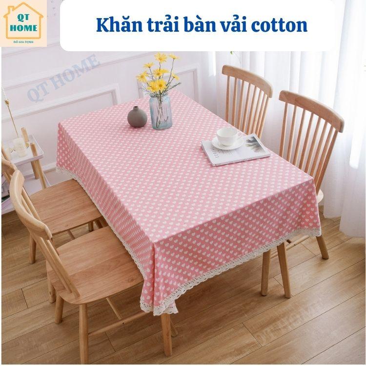 Khăn Trải Bàn Vải Cotton Nền Hồng, Họa Tiết Trái Tim, Viền Ren