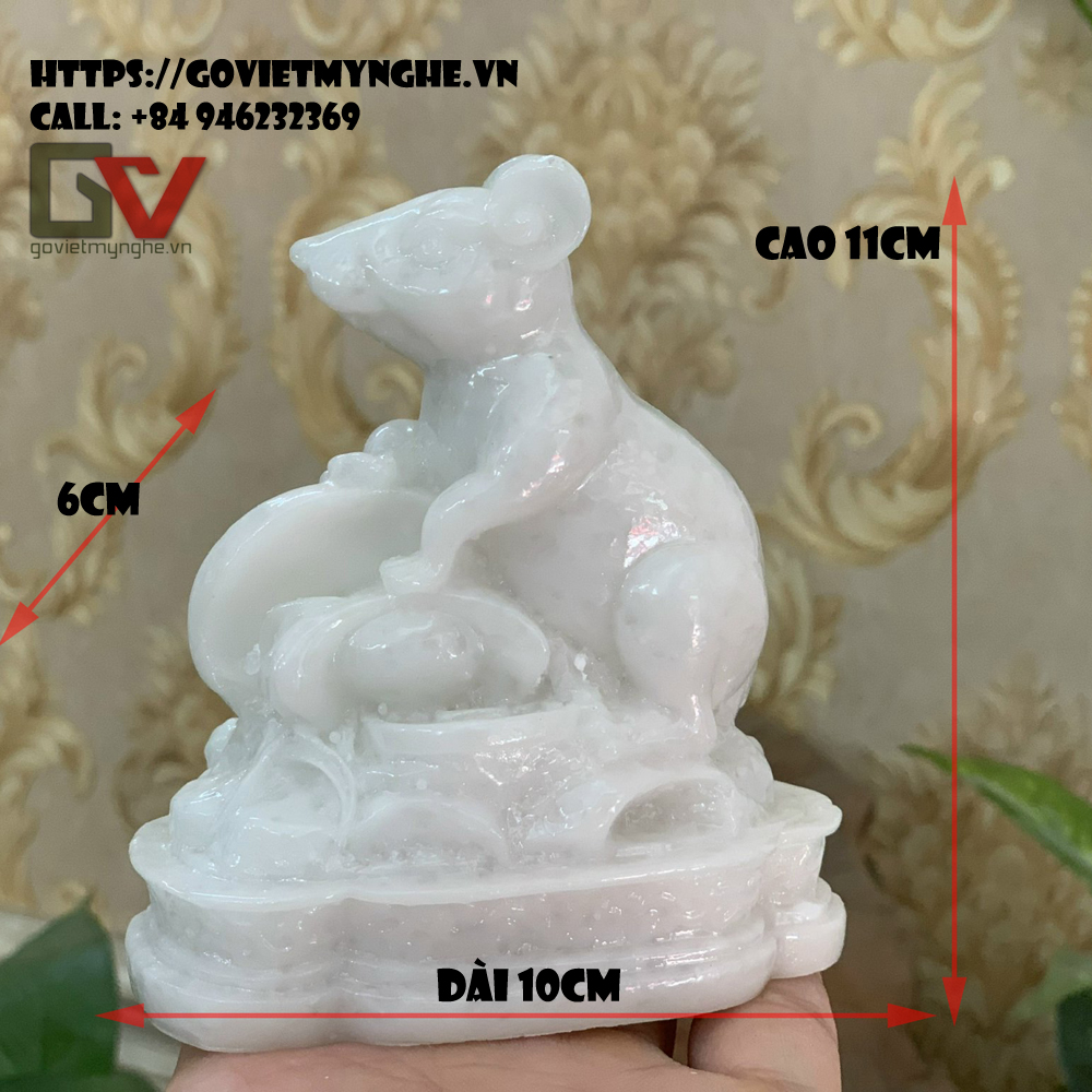 [Chuột phong thủy] Tượng đá trang trí Chuột phong thủy ôm tài lộc - Chiều cao 11cm - Màu trắng đá non nước