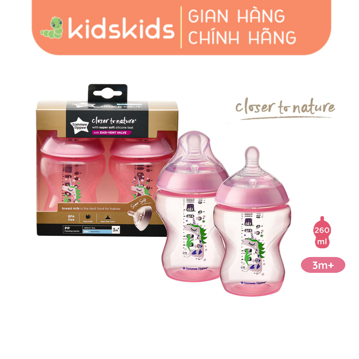 Bình Sữa Ty Siêu Mềm Tự Nhiên Tommee Tippee Closer To Nature 260ml, Núm Ty Của Bình 3-6 tháng - Hồng (Bình Đôi)