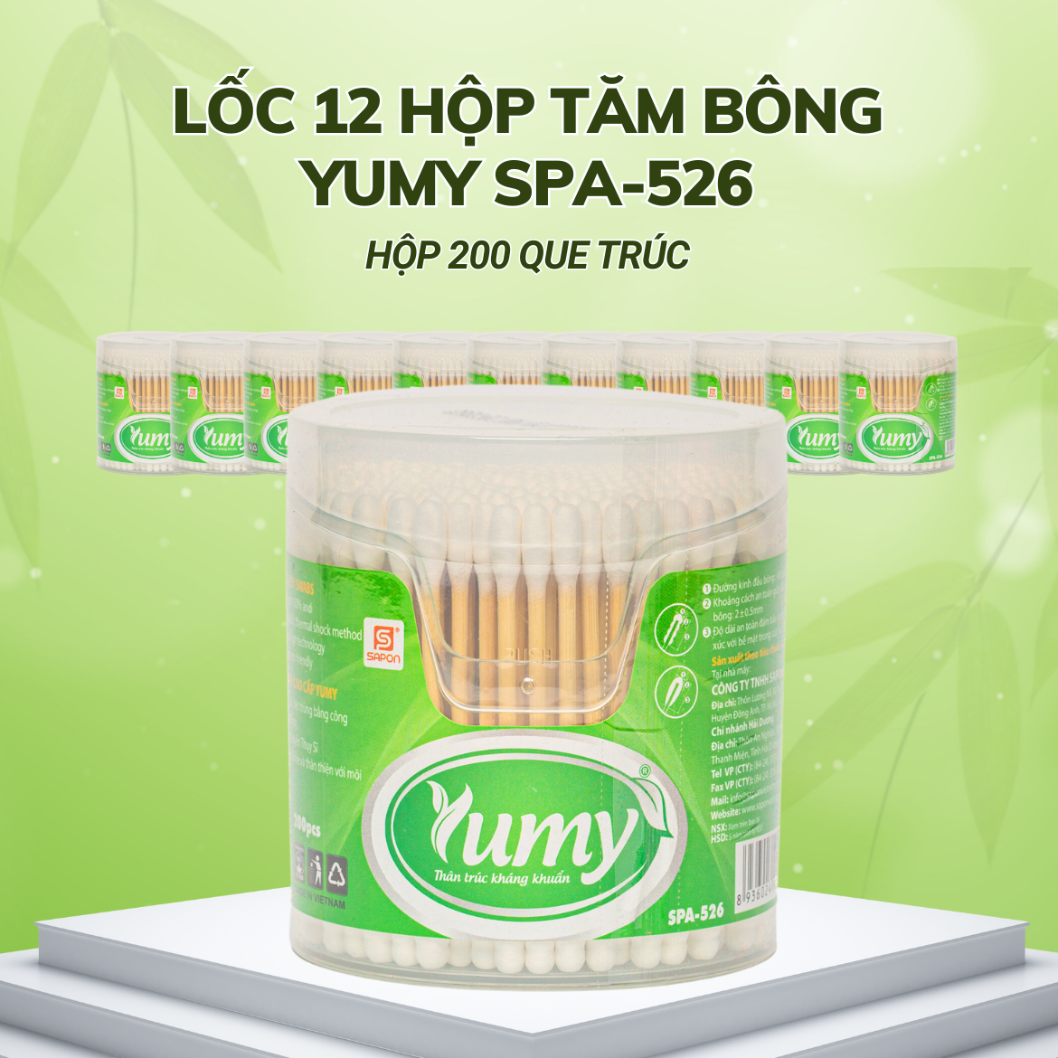 Lốc 12 hộp Tăm bông Yumy người lớn thân trúc hộp vát 200 que SPA-526