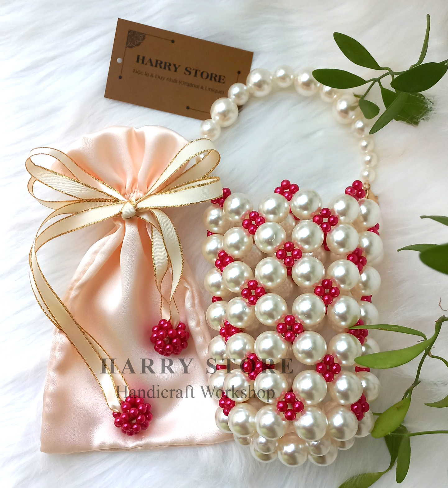 Túi ngọc trai nữ HRRB1-DD tự đan handmade túi đi dự tiệc sang trọng