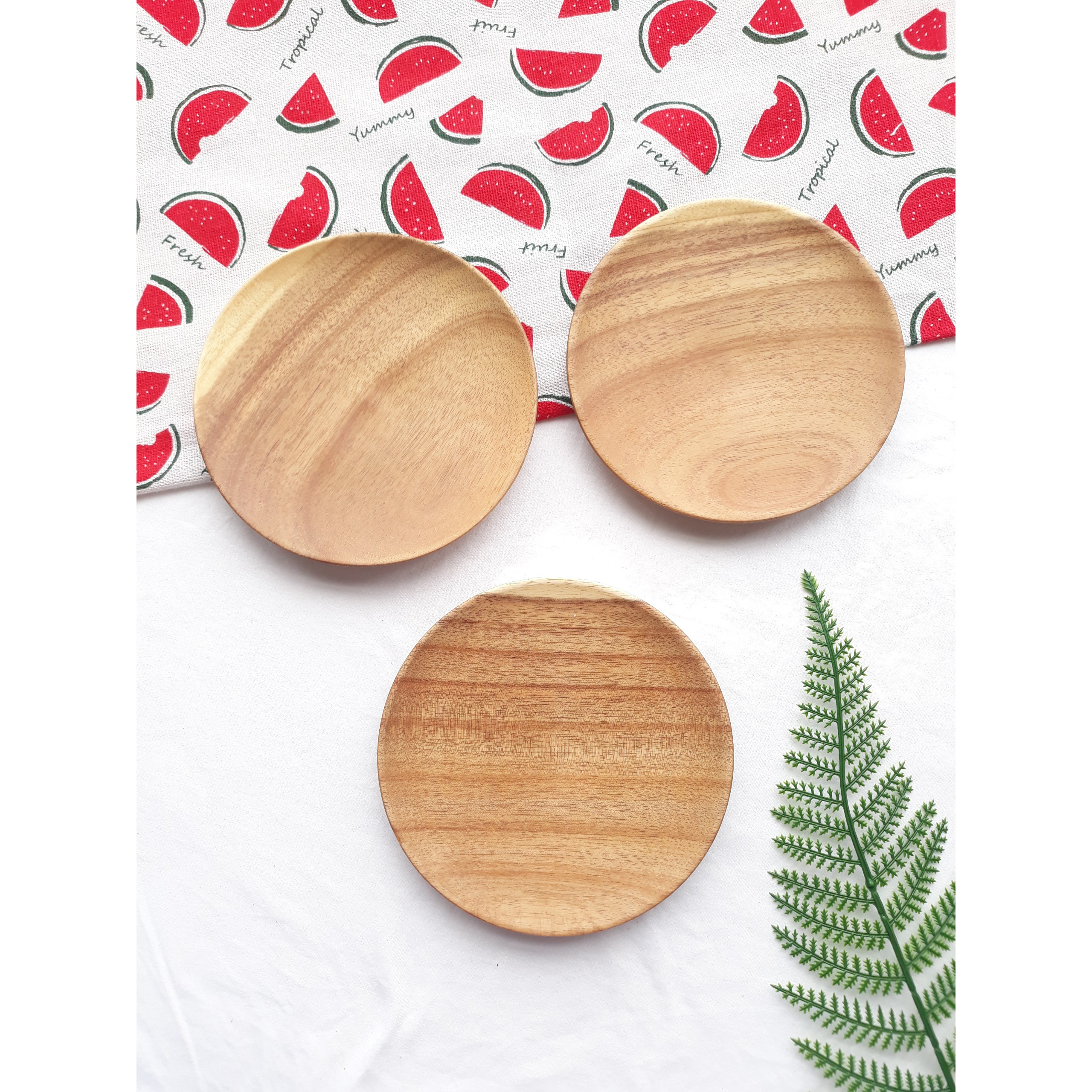 Bộ 3 đĩa gỗ KEO tròn 14 cm lót ly, cốc, đựng trái cây, hoa quả, đồ ăn