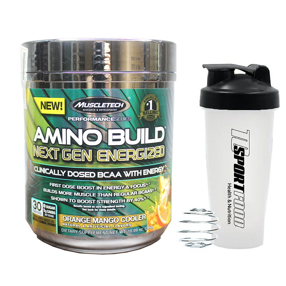 Combo BCAA Amino Build Next gen hương Orange Mango Cooler (Cam Xoài) của Muscle Tech hộp 30 lần dùng hỗ trợ phục hồi cơ, chống dị hóa cơ, tăng sức bền sức mạnh vượt trội, đốt mỡ, giảm cân, giảm mỡ bụng mạnh mẽ cho người tập thể thao &amp; Bình lắc 600ml (Mẫu ngẫu nhiên)