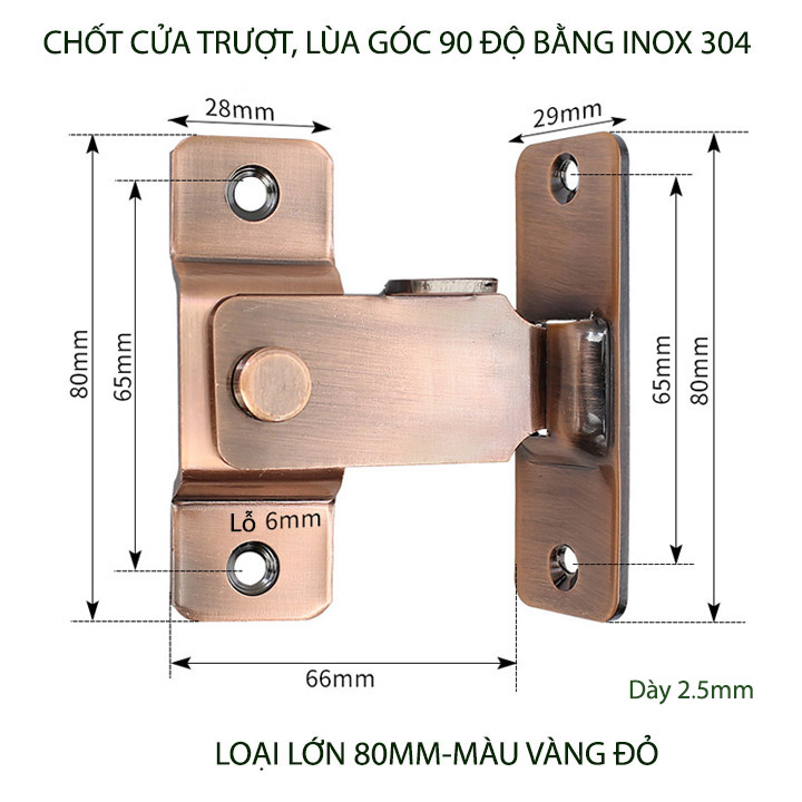 Chốt cửa trượt, lùa bằng inox 304, loại lớn 80mm, góc 90 độ