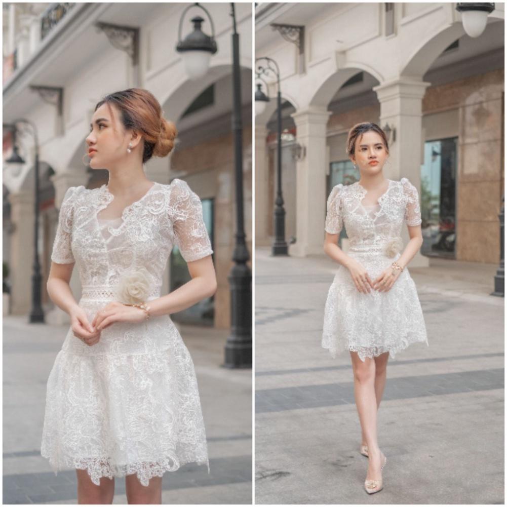 Đầm xòe ngắn ren hoa nổi kèm hoa cài áo trắng nude ôm body cổ V ivy.fashion đi biển dự tiệc dạo phố bigsize gợi cảm