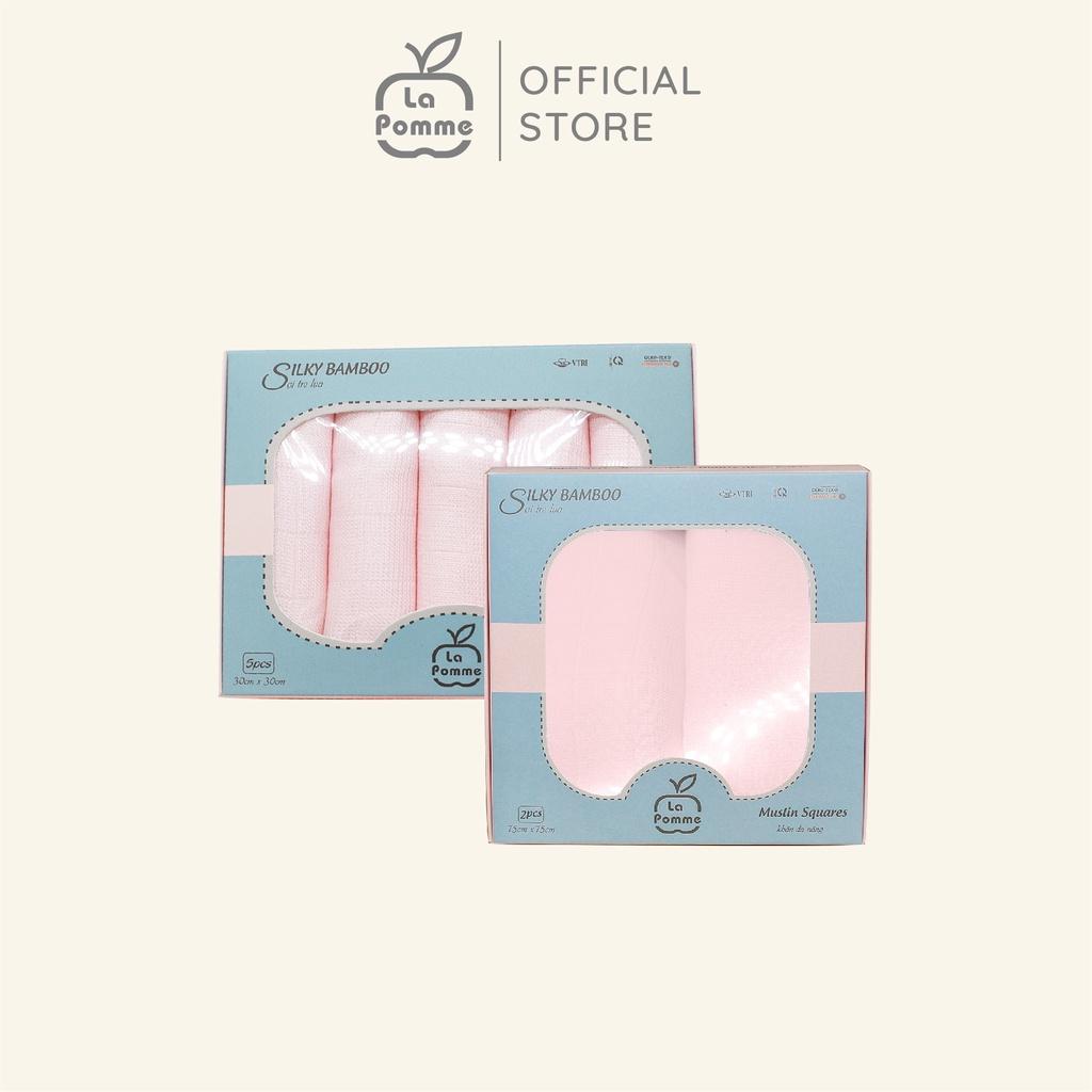 Combo 2 K001 Set 5 Khăn sữa (30x30cm) + K002 Set 2 Khăn đa năng sợi tre lụa La Pomme (75x75cm) - Hồng Pastel