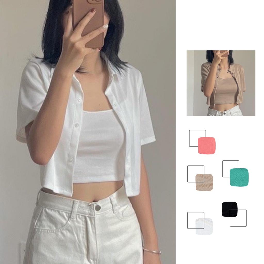 Set áo sơ mi croptop thun gân tăm mềm 2 in 1 nhiều màu Lovi