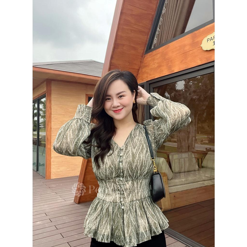 Áo sơ mi nữ dáng peplum trendy, họa tiết sành điệu, eo chun thoải mái Peony -BLUEBELL TOP