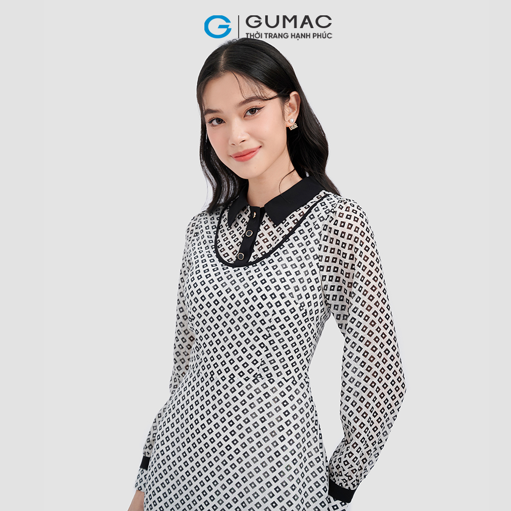 Đầm form A GUMAC DC09054 họa tiết phối cổ thời thượng