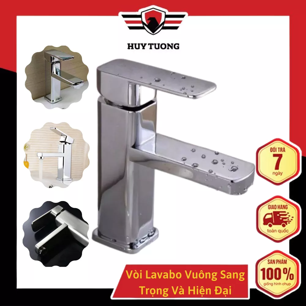 Vòi nước lavabo vòi rửa mặt nóng lạnh inox 304 hiện đại, vòi bồn rửa mặt chống văng nước mẫu vuông kèm dây cấp nóng lạnh cao cấp - Huy Tưởng