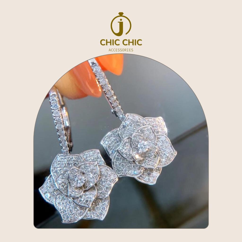 Bông tai Bạc Thời Trang Nữ Thả Hình Hoa Đính Đá Zircon Sang Trọng| Bông tai CHIC CHIC A104