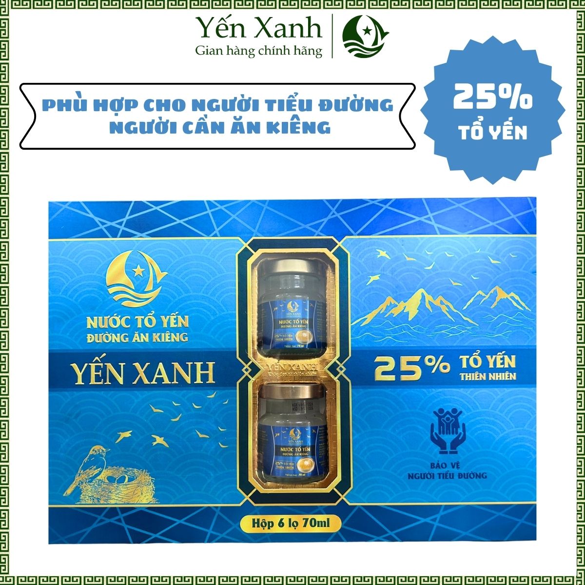 (25% tổ yến) Nước tổ yến đường ăn kiêng - YẾN XANH - Hộp 6 lọ x 70ml, tốt cho người bị tiểu đường, người cần ăn kiêng