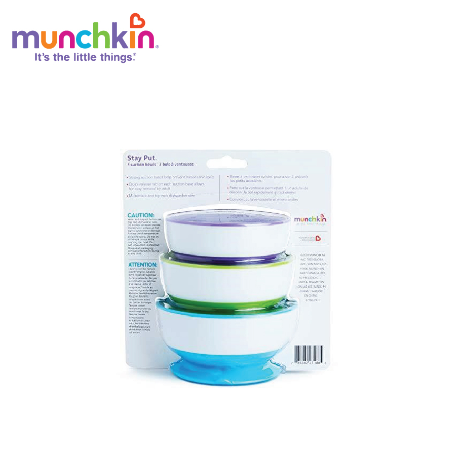 Bộ 3 bát ăn dặm chống đổ cao cấp cho bé Munchkin  tặng 2 zipper