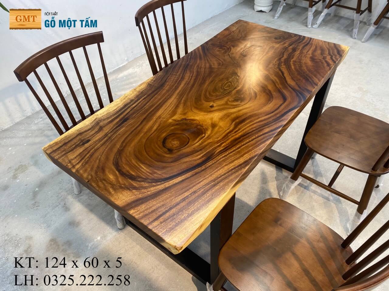 Bàn Ăn 4 Ghế Gỗ Tự Nhiên, Bàn Làm Việc Hiện Đại, Bàn Trà Gỗ Me Tây Dài 1,24m Rộng 60cm Dày 5cm