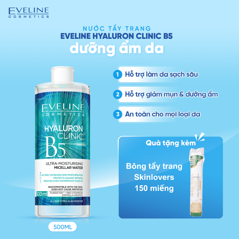 Tặng Túi Bông Skinlovers 150M Nước Tẩy Trang Eveline Hyaluron Clinic B5 Và Tinh Chất Rau Má Làm Dịu, Dưỡng Ẩm Và Phục Hồi Da 500Ml