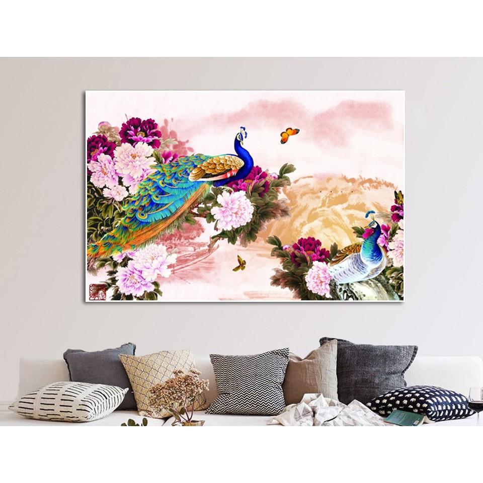 Tranh treo tường phong thủy trang trí nội thất hình chim công đủ màu