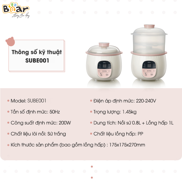 [Hàng Chính Hãng] Nồi nấu chậm Bear 0,8L SUBE001 (có lồng hấp). Đủ 3 màu: Vàng, hồng, nâu. sử dụng để Nấu, hấp, hầm cách thủy, giữ 100% giá trị dinh dưỡng có ruột nồi bằng sứ cao cấp