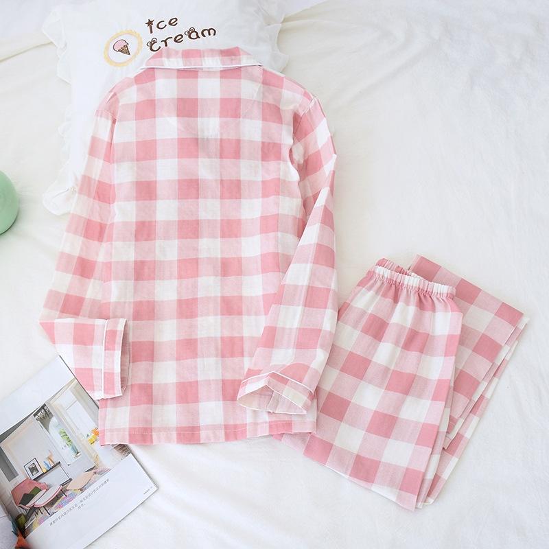 Bộ đồ pyjama nữ dài tay vải xô nhật họa tiết kẻ caro lớn (C341