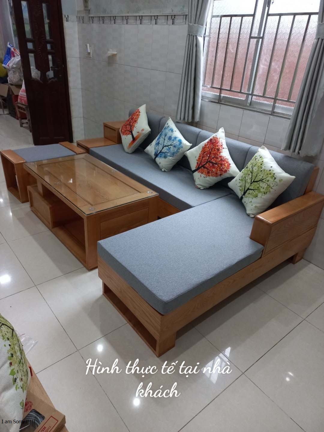 Bộ bàn ghế phòng khách, salon gỗ sồi mặt liền mẫu tay ngăn kéo 2m7 x 1m8 MS 16- Đồ Gỗ Mạnh Hùng