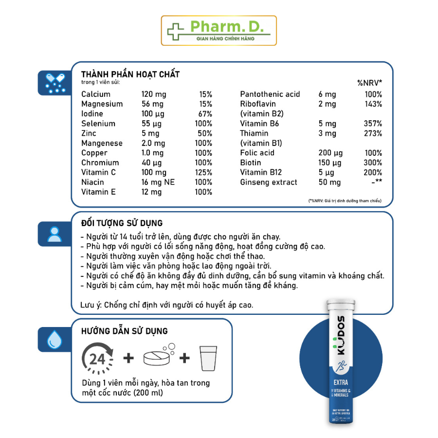 Viên Sủi KUDOS Bổ Sung Vitamin Và Khoáng Chất Cho Cơ Thể ( Tuýp 20 Viên)