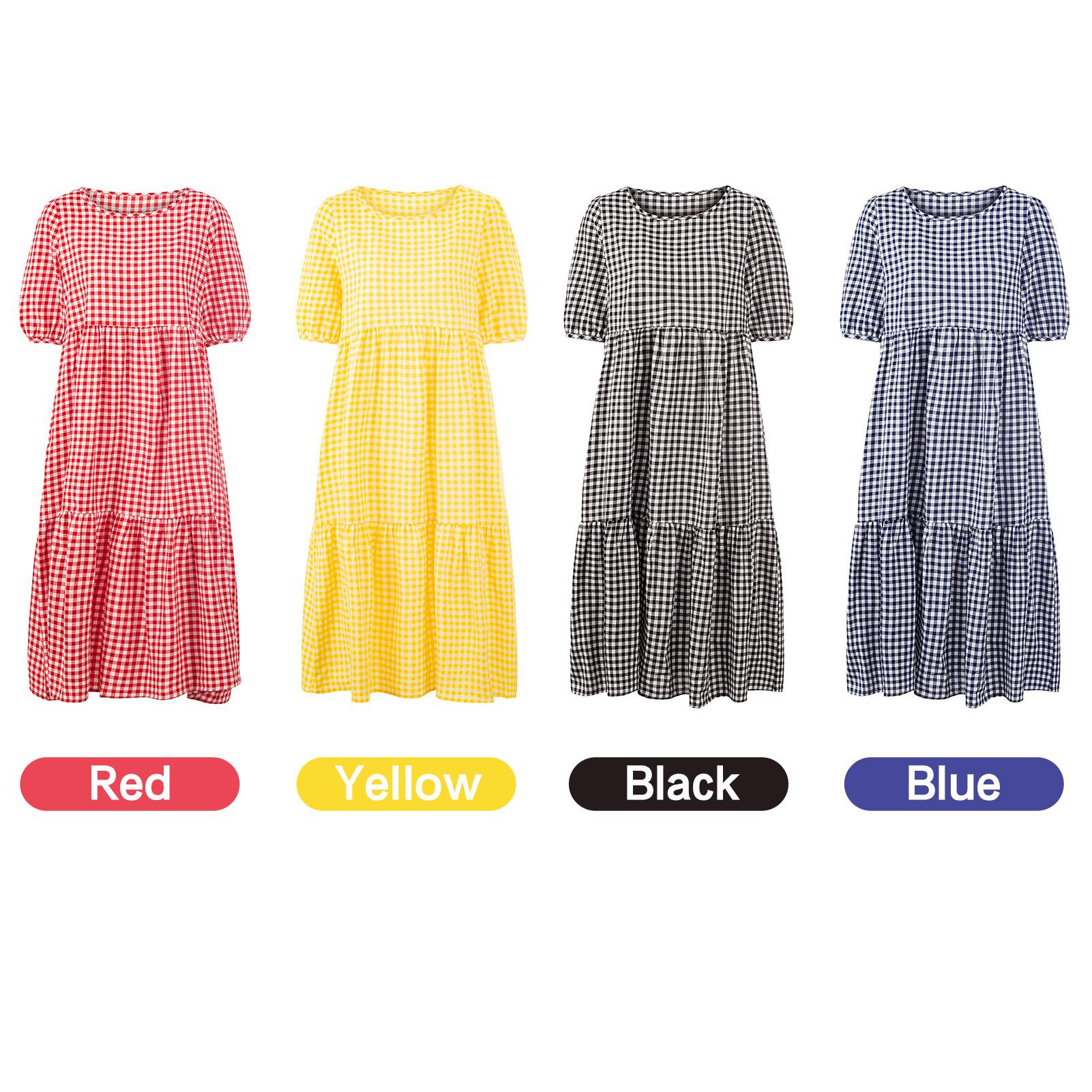 Fashion Women Plaid Print Dress O Neck Short Sleeve Plus Size Loose Casual Summer Sundress