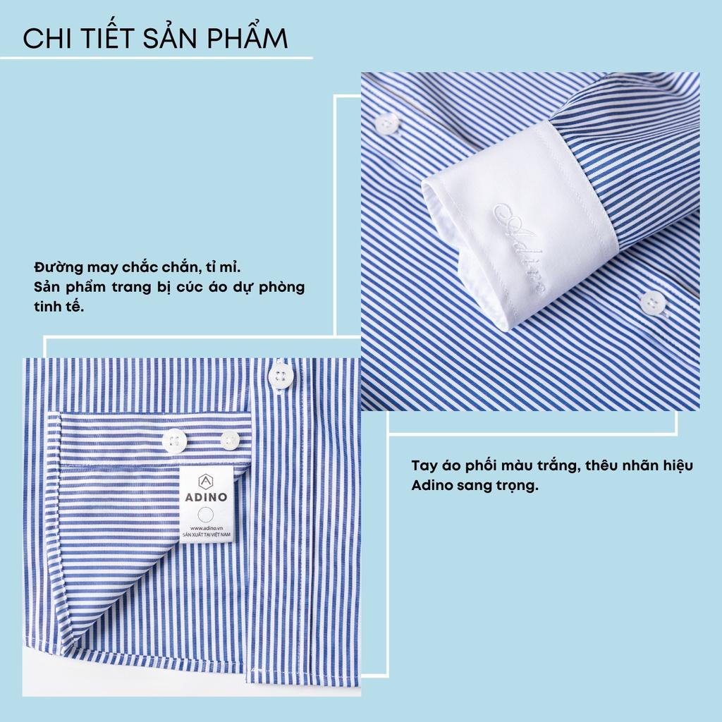 Áo sơ mi nam kẻ sọc màu xanh biển phối cổ trắng ADINO vải sợi sồi modal polyester mềm mịn dáng công sở slim hơi ôm SM11