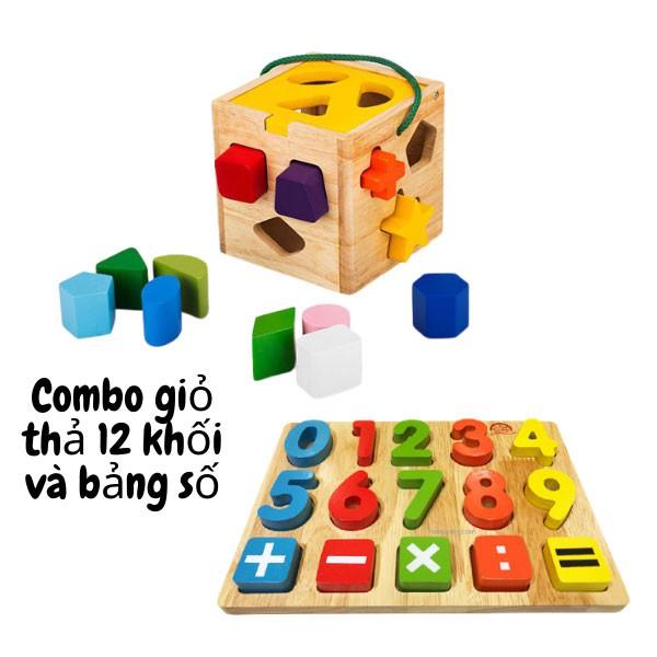 Combo đồ chơi giỏ thả 12 khối và bảng số bằng gỗ Việt Nam