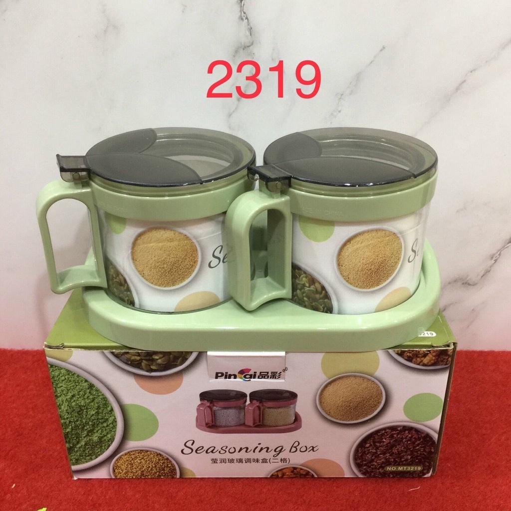 Bộ 2 hũ đựng gia vị thủy tinh Seasoning cao cấp có khay