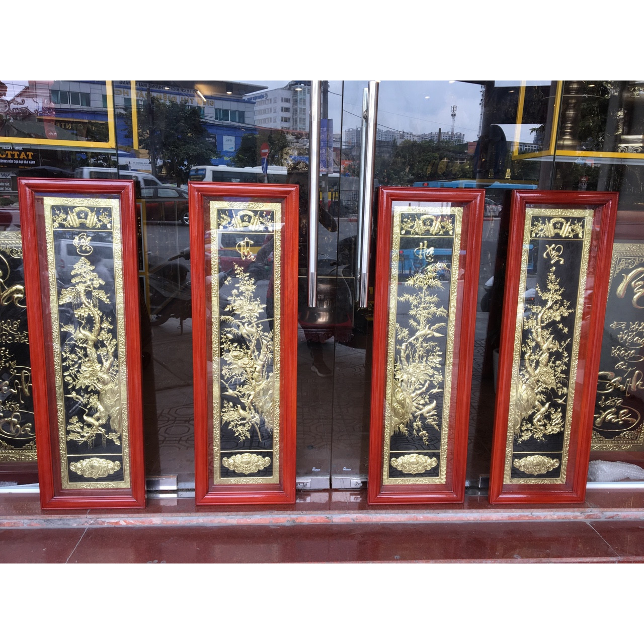 Tranh Đồng Tứ Qúy Tùng, Cúc, Trúc, Mai Bằng Đồng Chạm Thủ Công Hoàn Toàn