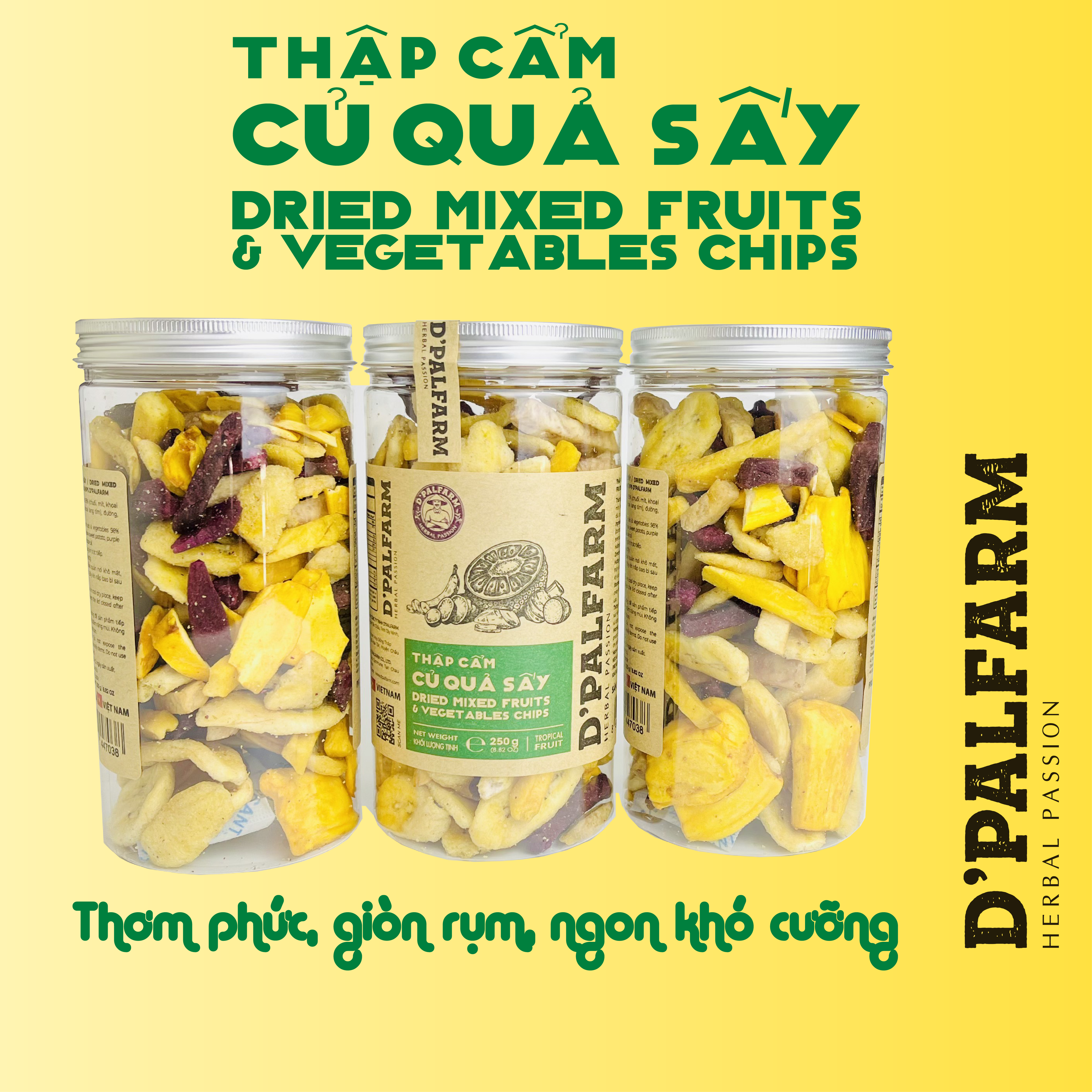 Thập cẩm củ quả sấy D'PALFARM, hũ 250g, thơm phức giòn rụm ngon khó cưỡng. Sản phẩm được đóng gói trong hũ PET nắp nhôm có seal sạch sẽ và tiện dụng, dễ bảo quản sau khi dùng, rất phù hợp ăn vặt ở văn phòng, trong xe hơi, cho trẻ em hay khi đi du lịch.