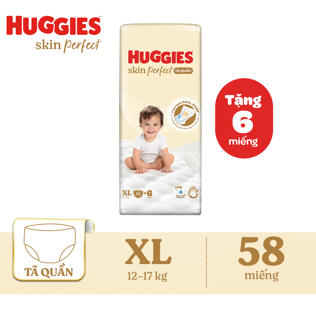 Tã quần Huggies Skin Perfect XL Super Jumbo 52+6 miếng với 2 vùng thấm giảm kích ứng da