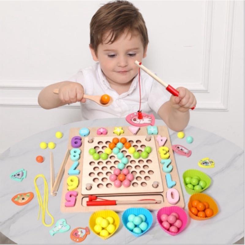 Giáo Cụ Montessori - Đồ Chơi Gỗ Kết Hợp Câu Cá, Gắp Hạt, Xếp Hình Khối, Lắp Số Kèm Xâu Dây Cho Bé