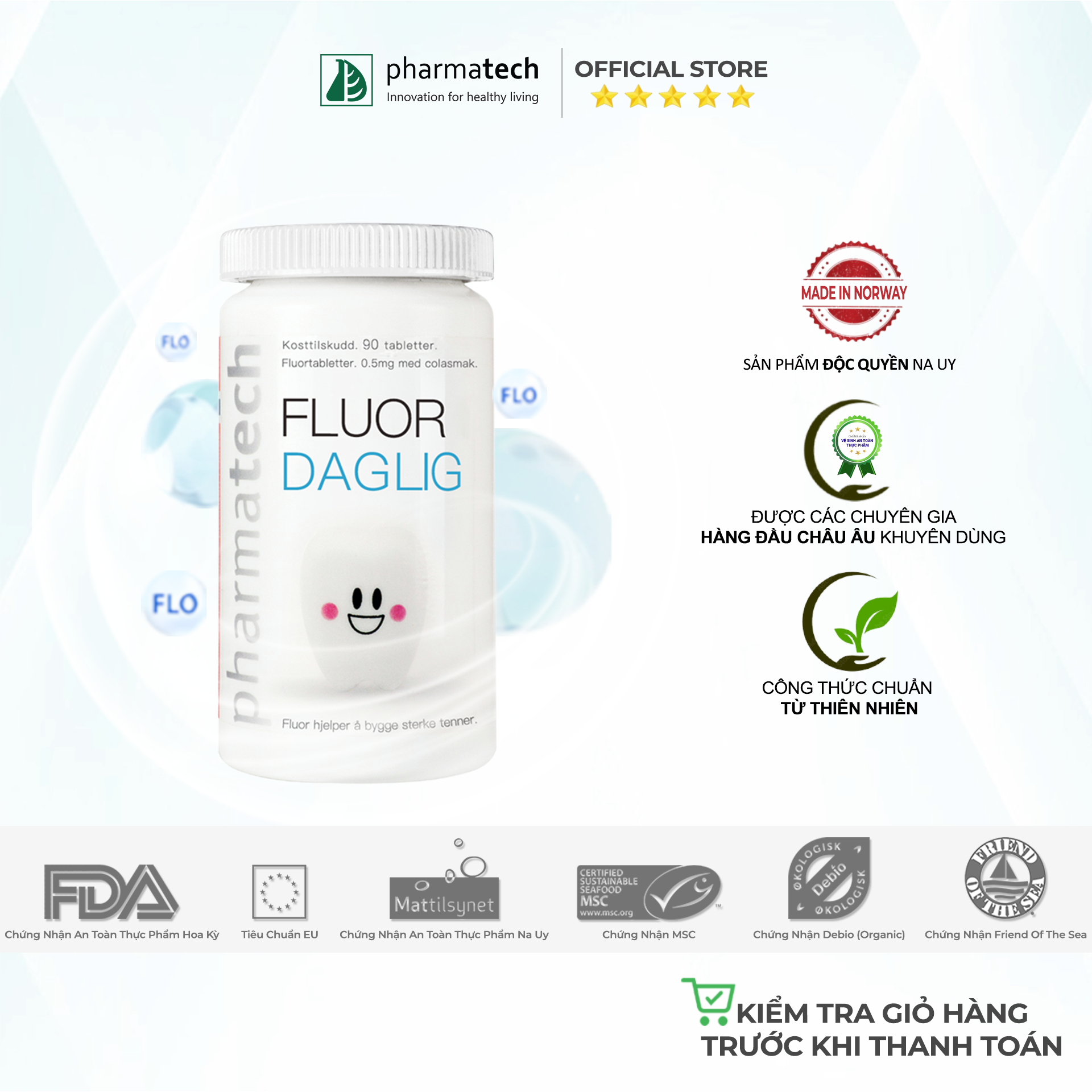 Viên uống tái tạo men răng PHARMATECH FLUOR DAGLIG lọ 90 viên hương dâu