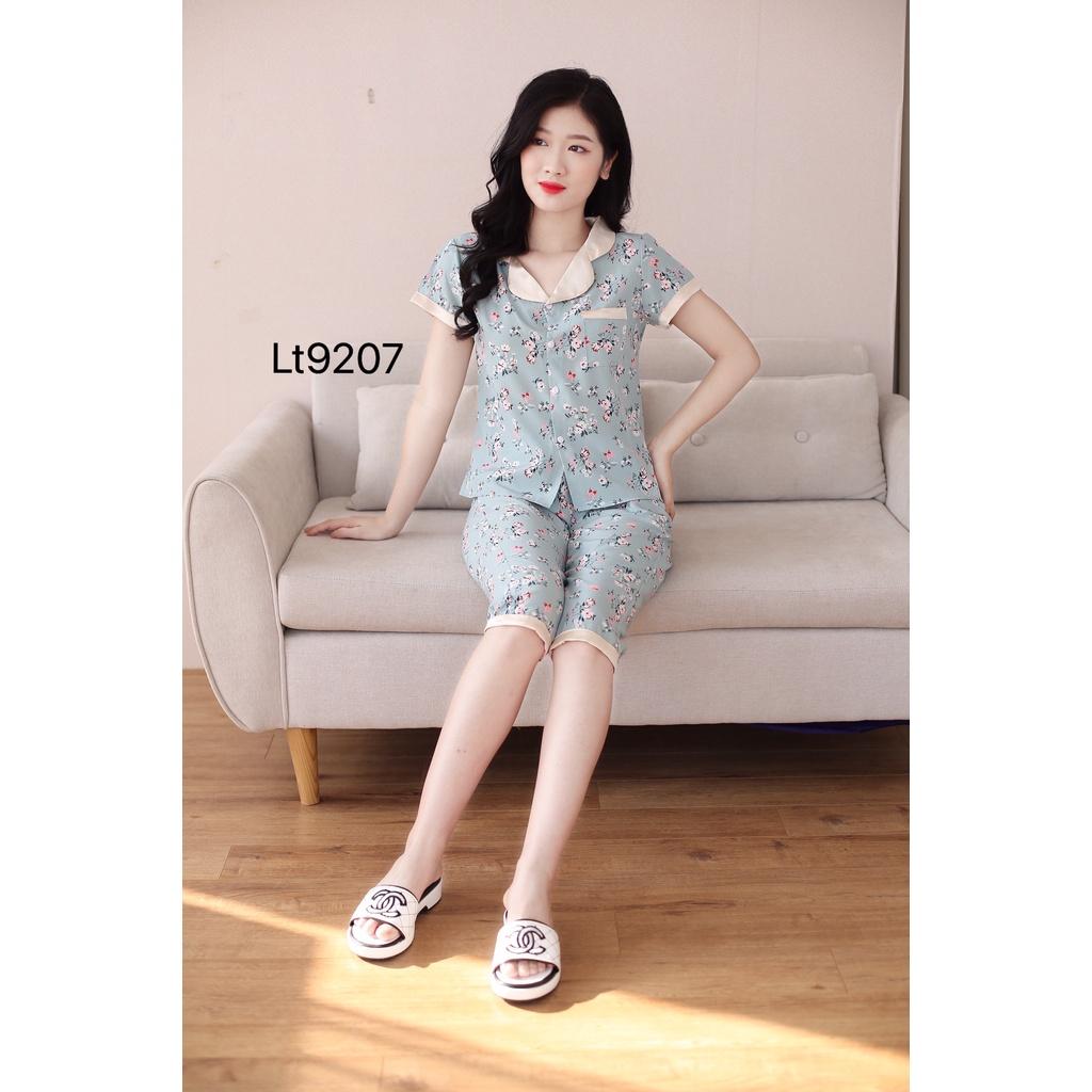 Quần áo mặc nhà, Bộ đồ pizama sau sinh mẫu quần lửng họa tiết hoa lá đẹp cổ màu hồng, màu be