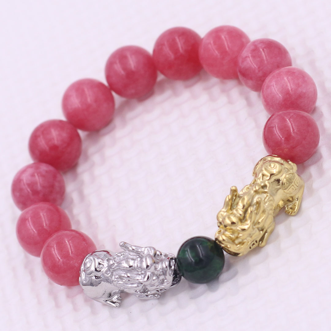 Vòng chuỗi đeo tay đá hồng ngọc 12 ly charm tỳ hưu đôi inox trắng và vàng, vòng chuỗi phong thủy, charm tỳ hưu, vòng tay hạt chuỗi