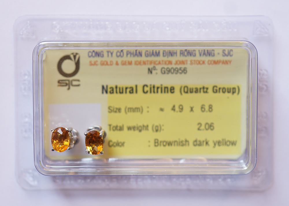 Bông tai Citrine Thạch Anh Vàng tự nhiên mài giác oval 5×7 li kiểm định