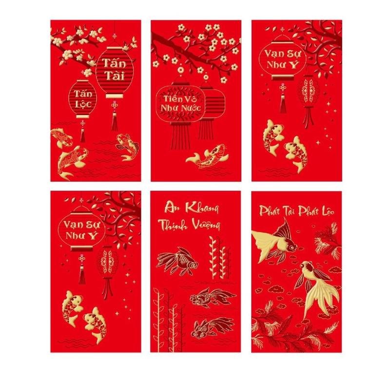 Set 6 phong bao lì xì tết đỏ thắm, chất đẹp, phong cách truyền thống