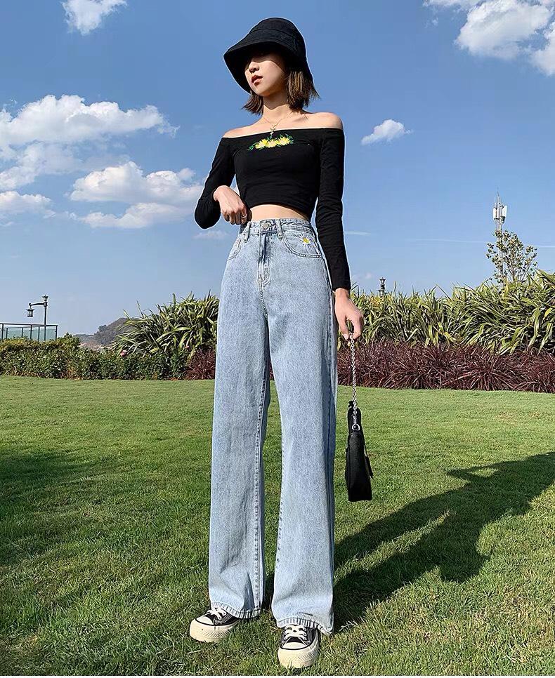 Quần Jean Dài Cạp Cao Ống Rộng