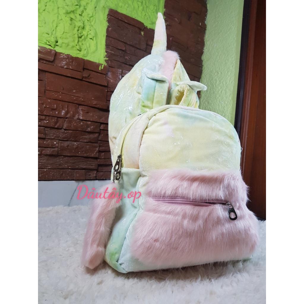 BALO VẢI MÀU CẦU VÒNG KÈM NÓN HÌNH UNICORN